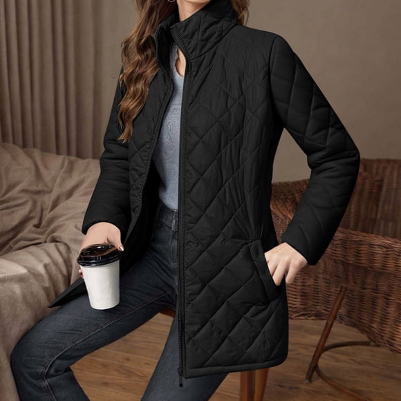 Mceream Jackets for Women Trendy 2025 Long Sleeve Stand Collar Zip Up Quilted Coat Lightweight Solid Winter Warm Jacket with Pockets Plus Size Outwear Abrigo Largo De Invierno Para Mujer Black M