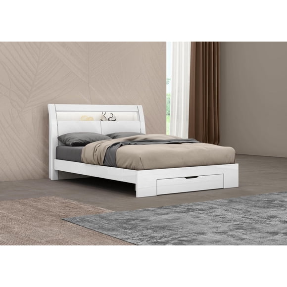 K-Living Phoebe High-Gloss White Queen-Size Bed with LED Light and Bookshelves in Headboard