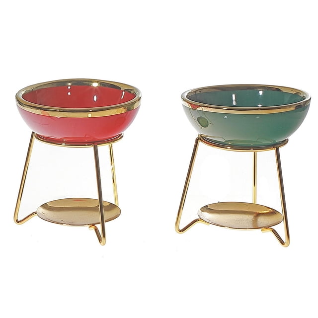 Brûleur d'Huile en Céramique avec Support - Ensemble de 2 Comprenant des Bols en Céramique Rouges et Verts avec Garniture Dorée, Chacun Soutenu par un Support en Métal Doré avec une Plaque de base Ronde, Convient à l'Aromathérapie à Domicile et à la diffusion d'Huiles Essentielles.