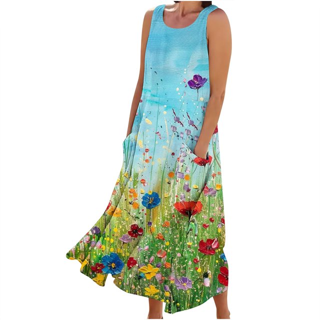 RKSTN Robes d'Été pour Femmes Décontractées Fluides Amples Grande Taille Robes avec Poches Mode Bohème à Imprimé Floral Sans Manches à Col Rond Robes Maxi