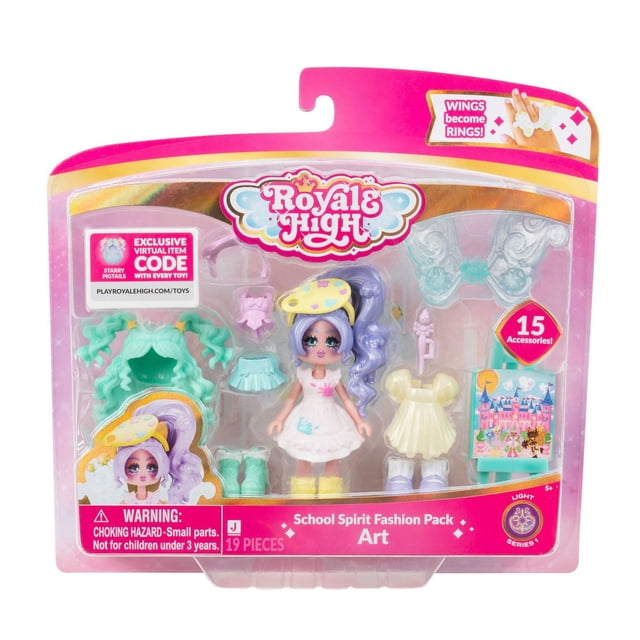 Royale High School Spirit Fashion Pack - Art featuring a 3-inch doll with purple pigtails wearing a white dress with paint splatters and yellow boots, accompanied by 15 interchangeable accessories including two wigs, two headbands, two dresses, three pairs of shoes, clip-on fairy wings that become rings, a skirt, a top, art-themed accessories, and a redeemable virtual item code. Packaged in a pink and gold blister pack with Royale High branding and safety warnings.