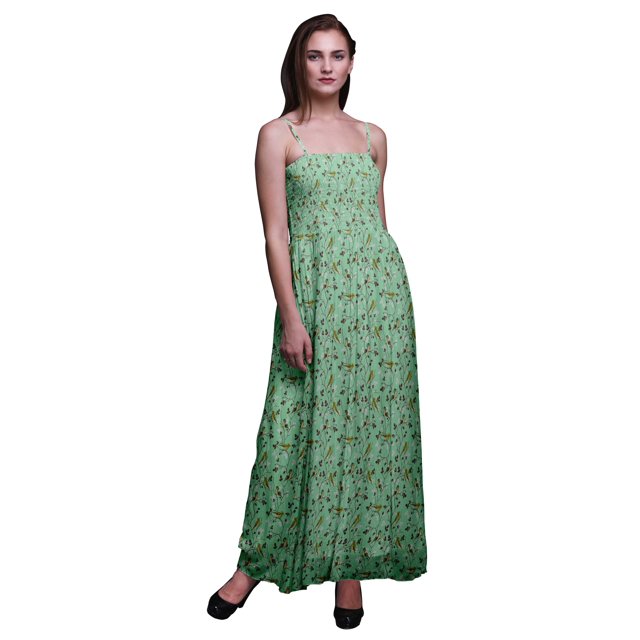 Bimba Robe Longue Maxi Tube à Corsage Smocké pour Femmes à Imprimé Feuilles et Oiseau Flowerpecker - X-Grand