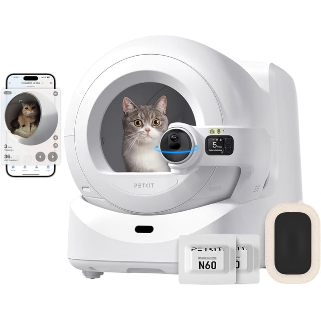 PETKIT Purobot Ultra Auto Waste Packing & Multi-Cat Toilet Behavior Ai Camera Tracking Automatic Self-Cleaning Cat Litter Box, Smart Robot with 5G WiFi App Control&Integration Safety&Odor Free front-facing view showing the PETKIT Purobot Ultra with top-mounted 180° rotating AI camera (210° wide-angle), top control panel, front waste-bin door and sealed 10L waste bin per specs, smooth removable inner tray and outer shell, set on a neutral floor. Notes app control, XSECURE 20-sensor safety system, auto-clean, auto-seal and auto-refill waste-packing functions; often used as a remote-monitoring station suitable for recuperating cats via live app viewing.