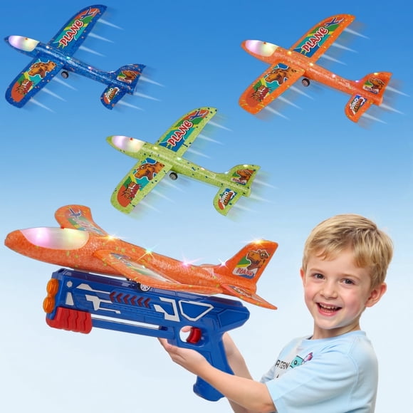 Petbank Airplane Launcher Toys, 3 Pack Flying Airplane Toys with Launcher, LED Light Foam Flying Glider Plane with Sticker, Outdoor Plane Toys for Boy Girl 3+