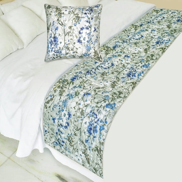The HomeCentric King / Queen / Twin Blue Decorative Bed Runner Full 68"x18" Bed Runner WITHOUT Pillow Cover, Quilted Bed Scarf on Cotton fabric - Garden Grace