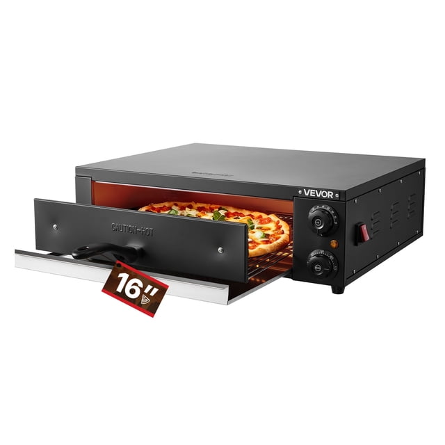 VEVOR Electric Pizza Oven, a 16-inch countertop pizza oven with a black exterior, dual heat tubes, and a pull-out tray. Designed for home and commercial kitchens, it features temperature control knobs ranging from 77 to 572°F and a timer for precise cooking. A freshly baked pizza is visible on the grill rack inside the oven, showcasing its versatility for baking pizzas and other dishes.