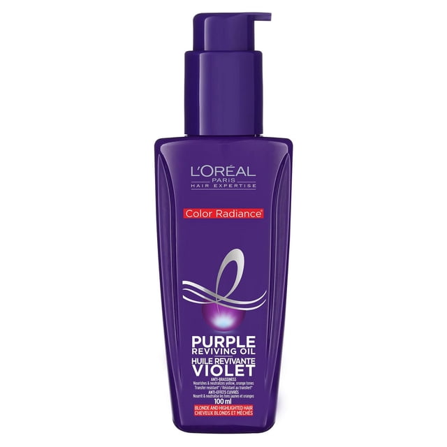 L'Oreal Paris Hair Expertise Color Radiance Purple Reviving Oil 100ml in a purple pump bottle, a leave-in hair oil that neutralizes yellow and orange tones to reduce brassiness in blonde and highlighted hair while nourishing and softening strands, suitable for completing an anti-brassiness hair care routine.
