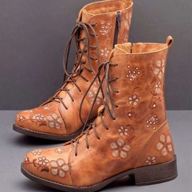 Cameland Women's Printed Embroidered Boots Over Feet Round Toe Chunky Ankle Boots