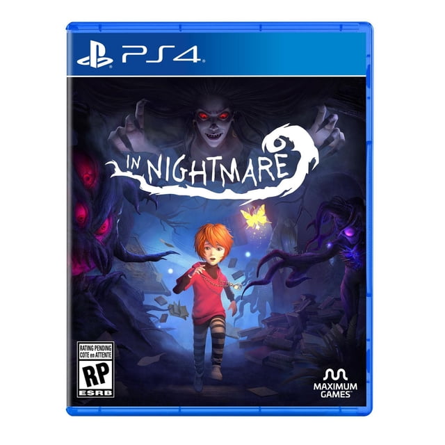 In Nightmare (PS4) Couverture de Jeu Montrant un Jeune Garçon avec une Chemise Rouge et des leggings Rayés Courant à Travers un Monde de Rêve Sombre et Fantaisiste Rempli de Monstres Ombrés aux Yeux Lumineux et aux Membres Torsadés, Guidé par un Papillon Jaune Lumineux, avec le Titre de Jeu en Texte Stylisé Blanc et le logo Maximum Games en Bas à Droite.