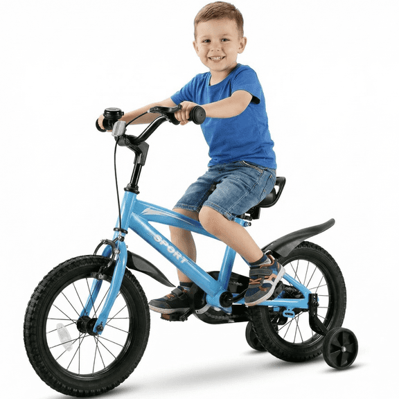 Naipo 14 inch Kids Bike with Training Wheels Adjustable Seat Height Blue Bicycle for 3-6 Years Old Age Goup Girls and Boys