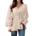 thumbnail image 1 of Long Sleeve Shirt Women Womens Solid Color Drawstring Irregular Long Sleeve Shirt Loose Long Sleeve V-Neck Tops Women's Long Sleeve Tops Long Sleeve Shirts Women, 1 of 5