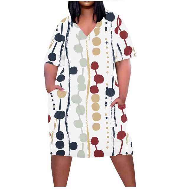 Pisexur Robes d'Été pour Femmes Mode Imprimé Floral Robe Décontractée Ample Col en V Manches Courtes Robes T-Shirt Fluide Surdimensionnée Robe de Plage avec Poches Grande Taille Mi-Mollet L-5TG