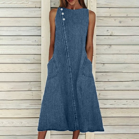 Drppepioner Women Plus Size,Women's Dress Casual Denim Dress Round Neck Sleeveless Buttons Solid Color Dress