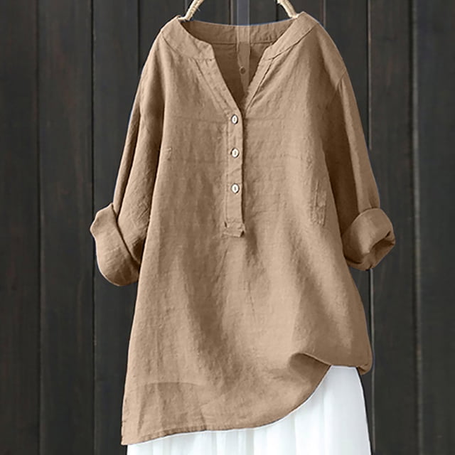Pisexur Hauts pour Femmes en Coton Grande Taille Unis T-Shirts Surdimensionnés Amples T-Shirts Manches Mi-Longues Col en V Tunique à Blocs de Couleur