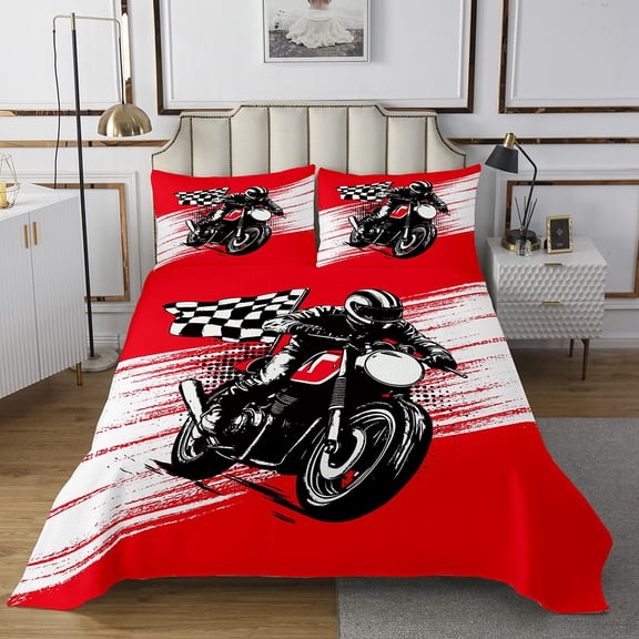 Erosebridal Couvre-Lit de Motocross pour Enfants, Format Très Grand, Ensemble de Couvre-Lit Drapeau à Damier pour Garçons et Filles, Sports Extrêmes, Rouge, Couvre-Lit Matelassé pour Adulte, 1 Couvre-Lit + 2 Taies d'Oreiller