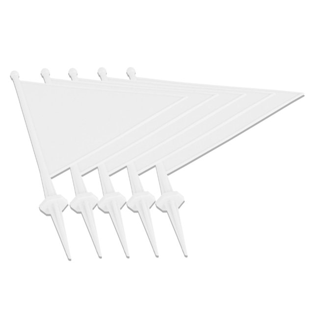 PRISP Plastic Field Marking Flag - Flag With Spike for Outdoor Marking, Set of 5. This set includes five triangular white plastic flags with robust spikes at the bottom for secure ground placement. The flags are weather-resistant, ensuring durability against wind and rain. Ideal for marking boundaries, no-entry zones, pet training, or construction sites.