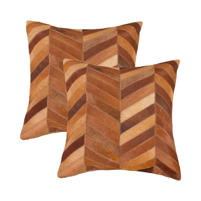 TORINO CHEVRON COWHIDE PILLOW 18"X18" 2-PACK with two square pillows featuring a chevron pattern made from hand-stitched 100% natural Indian cowhide in warm brown shades, with hidden zipper closure and soft microsuede backing, ideal for layering in home décor and accenting multiple seating areas.