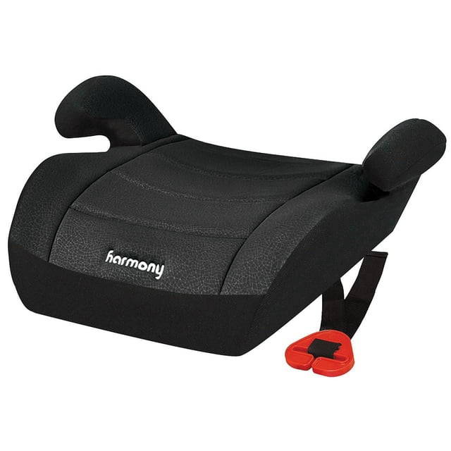 Harmony Youth Booster Backless Booster Car Seat in black with textured fabric and plush cushioned seat pad, contoured armrests, and red latch connector strap for secure installation, designed for children 40-100 lbs with a seat-saver design to protect vehicle upholstery.