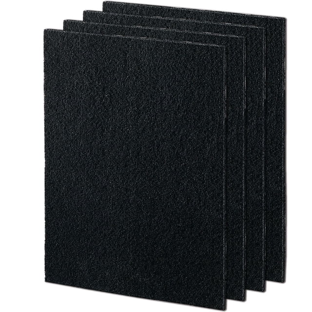 Fellowes® AeraMax® 290/300/DX95 Carbon Filters shown as four black rectangular carbon filter sheets with a textured surface, designed to remove odors and large airborne particulates, compatible with Fellowes® AeraMax™ air purifiers and recommended for replacement every three months to maintain peak air purification performance.