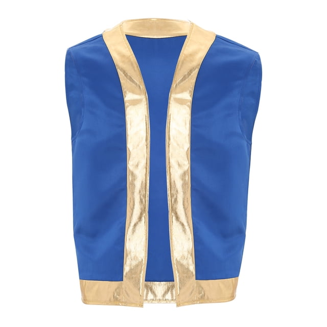vastwit Mens Halloween Toad Vest Costumes Open Front Shiny Trim Waistcoat in royal blue with metallic gold accents. A sleeveless men's vest made of 100% polyester with a loose fit, perfect for cosplay, Halloween parties, and themed events. Suitable outerwear for dress-up occasions.