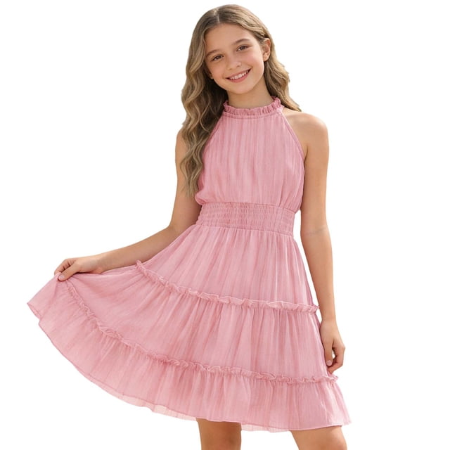 LUOGENLI Girls Summer Casual Dress Solid Color Sleeveless A Line Party Toddler (Pink Size 8-9 Years)
