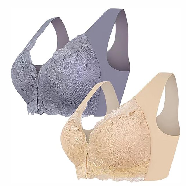 Tumotour 2PC Front Closure Bra for Women No Underwire Comfort Lace Wide Shoulder Strap Bra Full Coverage Seamless Soft Convenient Front Button Bras for Senior Everyday Life Sleep Walking Work