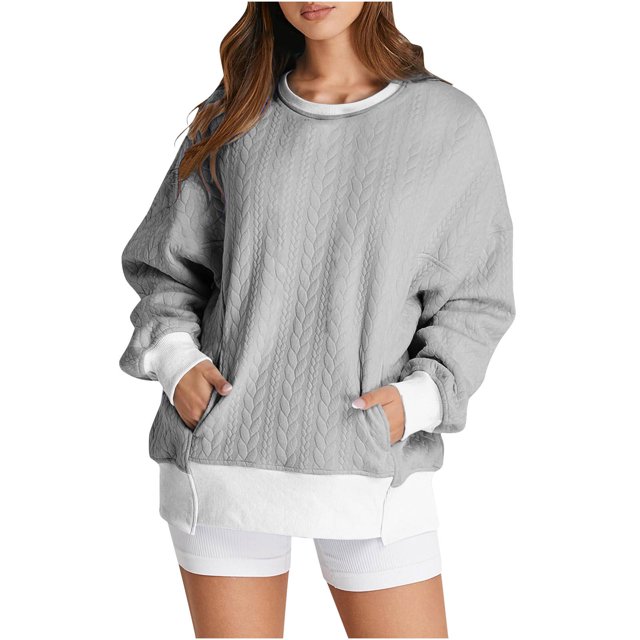 MeetoTime Chandails en Molleton à Col Rond pour Femmes Automne Manches Longues Pull-Over Surdimensionné avec Poches
