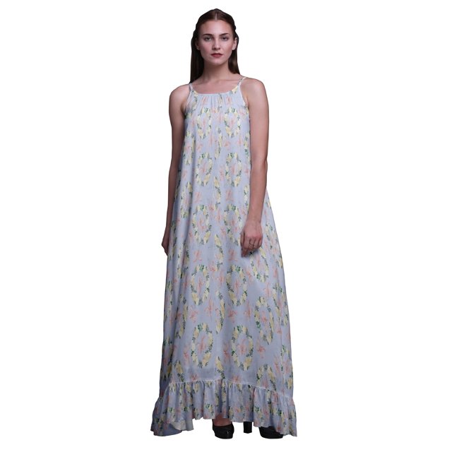 Bimba Robe Longue Maxi Imprimée Light Lavender Blue2 à Ruban Floral et Couronne de Roses Blanches pour Femmes, Nuisette en Rayonne à Bretelles Spaghetti, Vêtement de Nuit pour Dames X-Small