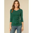thumbnail image 3 of INSPIRE CHIC Women's Button Decor V Neck 3/4 Sleeve Solid Blouse Knitted Ruched Top, 3 of 6
