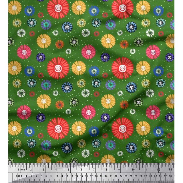 Soimoi Green Velvet Fabric Dots & Aster Floral Print Fabric by Yard 58 Inch Wide