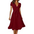 thumbnail image 1 of MAWCLOS Robe Midi Longue pour Femme à Imprimé Floral, Robes de Fête pour les Vacances, Col en V, Robe d'Été de Plage Décontractée à Manches Courtes, Rouge, 2TG, 1 of 2