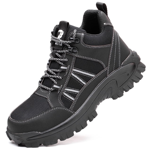SuoKom Men's Steel Toe Slip Resistant Puncture Proof Construction Safety Work Shoes in black, featuring a mid-cut design, reinforced stitching, breathable mesh panels, and durable rubber soles. Ideal safety footwear for construction, outdoor work, and heavy-duty tasks.