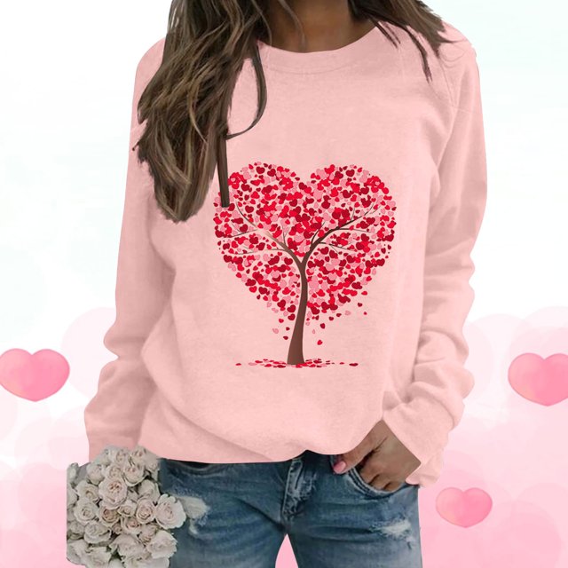 Qertyioot T-Shirt Graphique pour Femmes de la Saint-Valentin à Manches Longues, Haut à Col Rond Imprimé, Chandail Décontracté