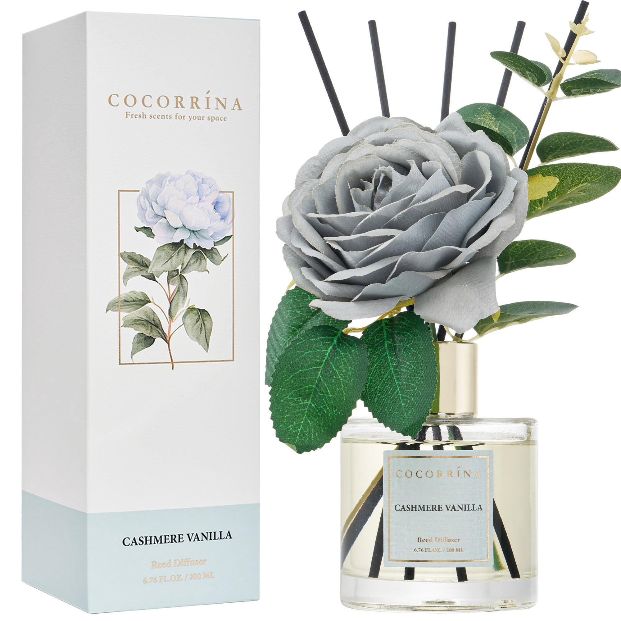 Cocorina Reed Diffuser Set Flower Reed Diffuser Cashmere Vanilla Scented Diffuser with Sticks Home Fragrance Essential Oil for Bathroom Shelf Decor Living Room Large Room Rose/6.7 Ounce/1pack