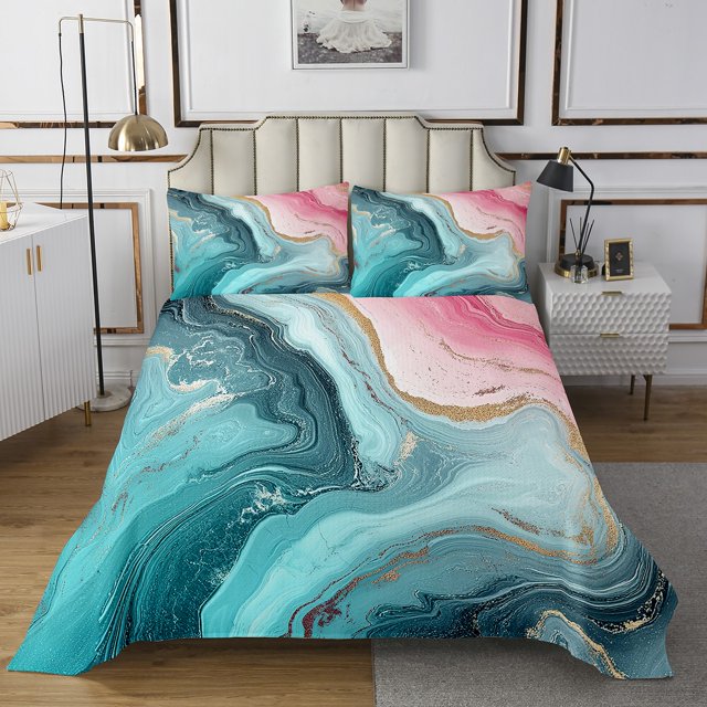 Marble Bedspread Set For Girls Adults Stone Pattern Coverlet Set Marbling Fluid Texture Quilt Set King Size Watercolor Abstract Art Bed Set,Blue And Pink