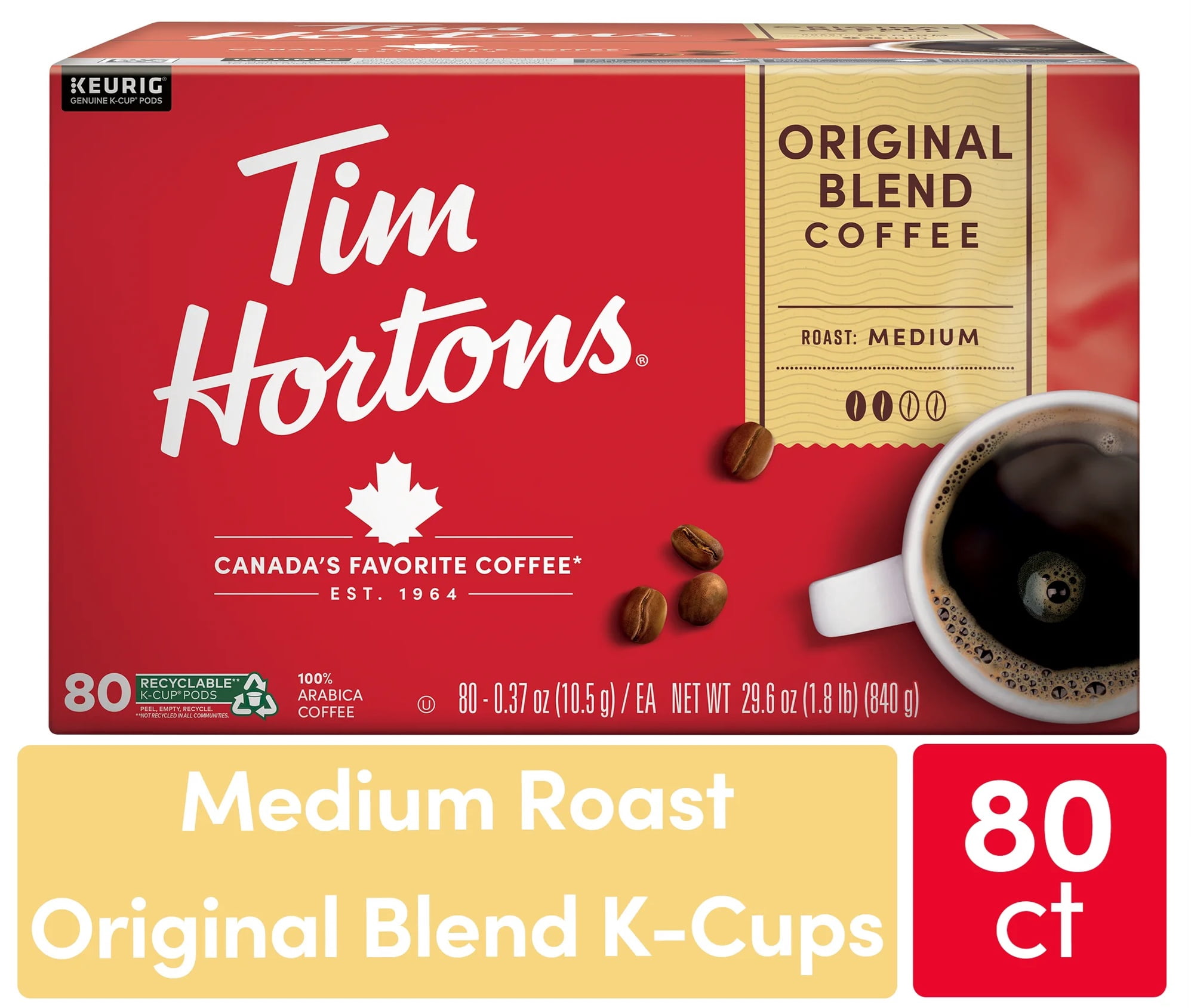 Tim Hortons Original Blend Medium Roast Keurig Coffee Pods, Pack of 80