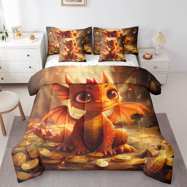 YST Cute Dragon Comforter Set, Magic Jungle Theme, Lightweight, King Size (7 Count)