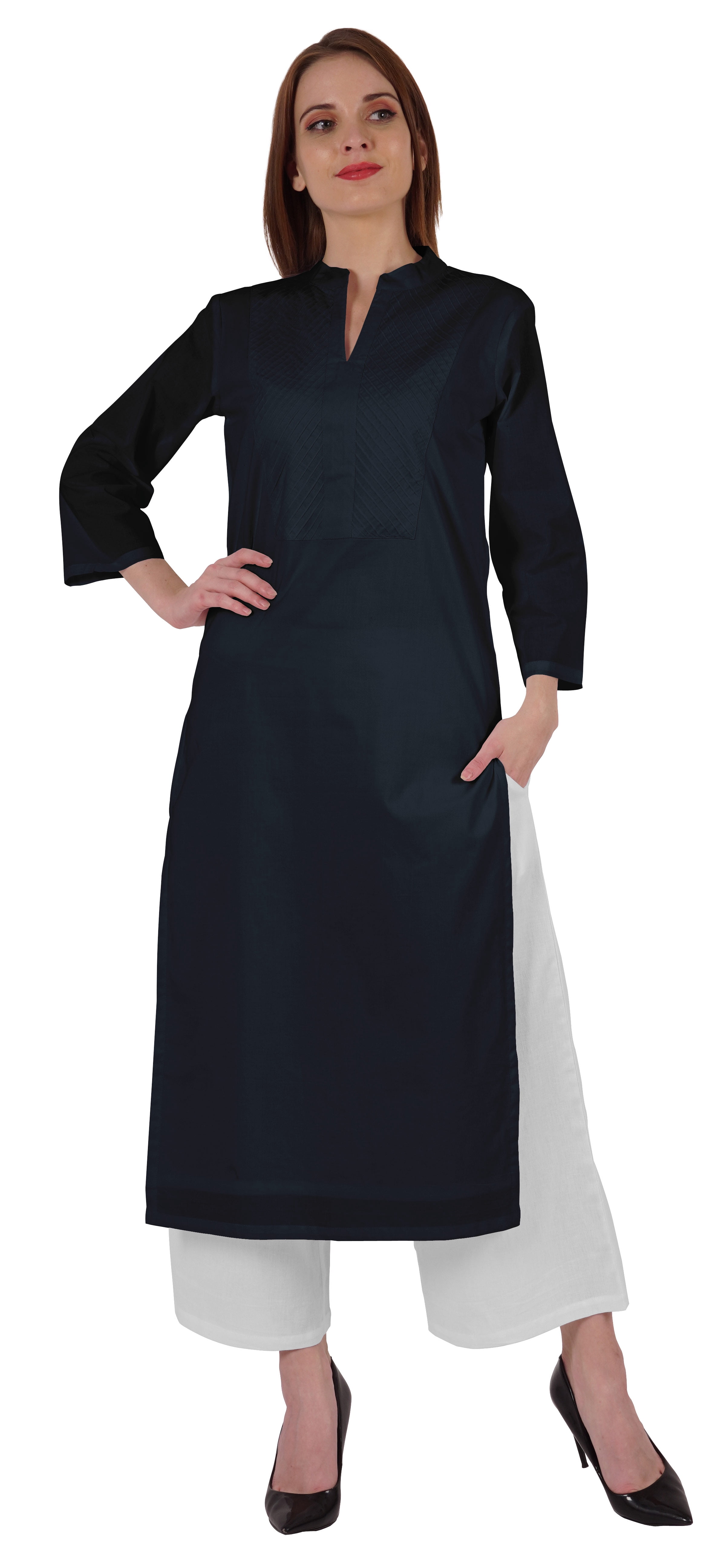 Bimba Kurta en Coton Col Mandarin avec Plis pour Femmes Ethnique Indienne Droite Unie