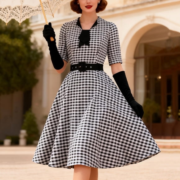 Mceream 1950S Dresses for Women formal Vintage Cocktail Swing Dresses with Cap Sleeves Summer V Neck Checkered Lapel Party Midi Tea Dress Black M