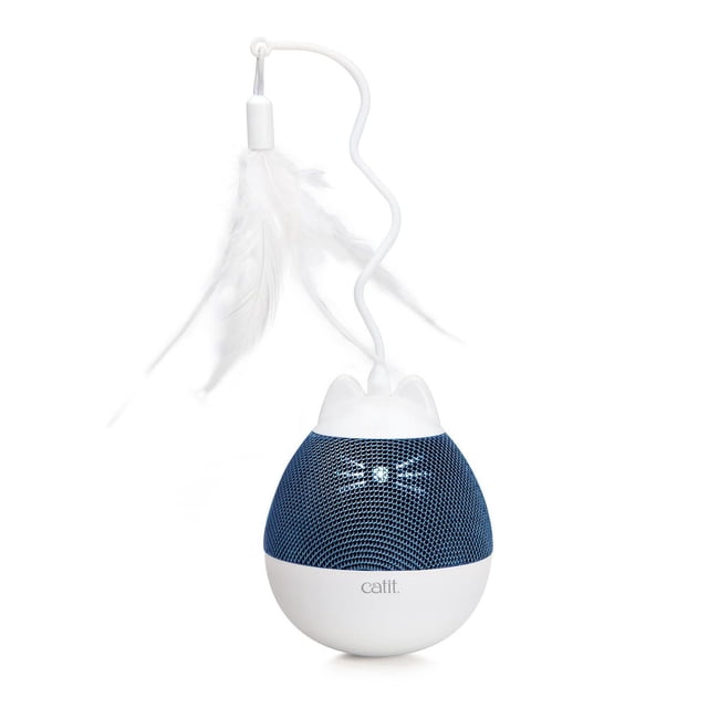 Catit PIXI Jouet Électronique pour Chat à Toupie en Blanc et Bleu avec base Arrondie Recouverte de Tissu Bleu, Oreilles de Chat Blanches et Fonction de Rotation Activée par la Patte; Comprend une Baguette Blanche flexible avec des Plumes Blanches Attachées pour le Jeu Interactif et la Distribution de Gâteries.