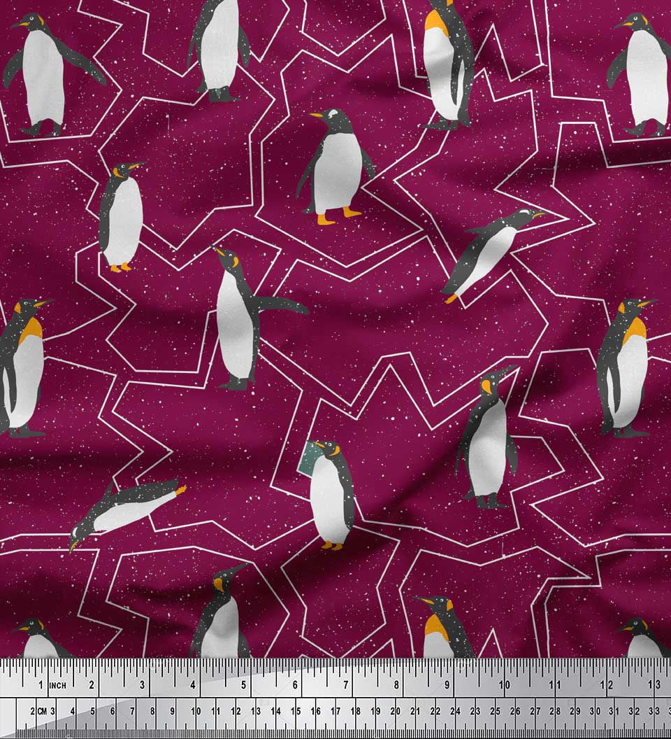 Soimoi Red Velvet Fabric Penguin Ocean Printed Craft Fabric by the Yard 58 Inch Wide