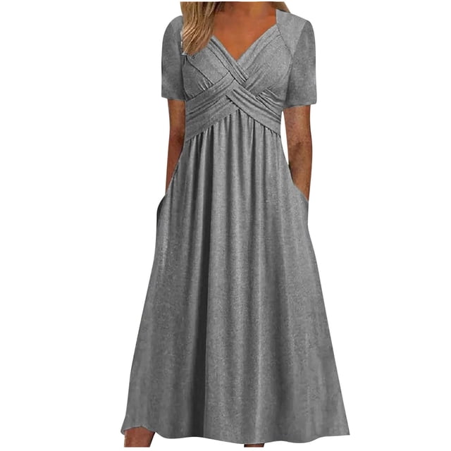 bbymog Robes pour Femmes Robes d'Invitée de Mariage pour Femmes Été Col en V Manches Courtes Robe Midi Grande Taille Robes Élégantes pour Femmes Gris m
