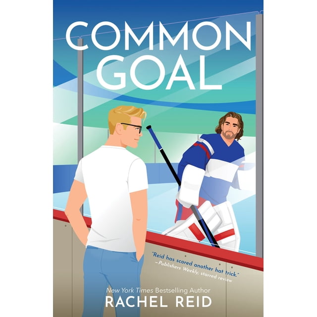 Livre Game Changers 4: But Commun par Rachel Reid, Couverture de Livre Montrant une illustration de Deux Hommes sur une Patinoire de hockey sur Glace, l'Un en Chandail Blanc Décontracté et Pantalon Bleu Debout Près de la Barrière de la Patinoire, et l'Autre Habillé en Gardien en Bleu, Blanc et Rouge Tenant un Bâton de hockey, avec le Titre en Grandes Lettres Blanches au-Dessus et une Citation Hebdomadaire des Éditeurs au Bas.