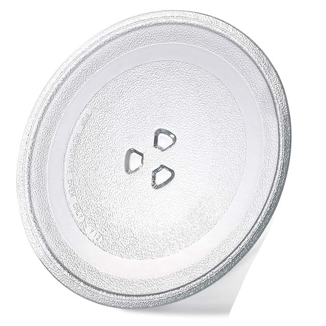 9.6 Inch Microwave Plate Spare Microwave Dish Durable Universal Microwave Turntable Glass Plates Round Replacement Plate. Transparent glass plate with a circular edge design and three Y-shaped indentations on the base for secure placement. Ideal for microwave parts replacement and compatible with most microwave ovens. Easy to install without tools.