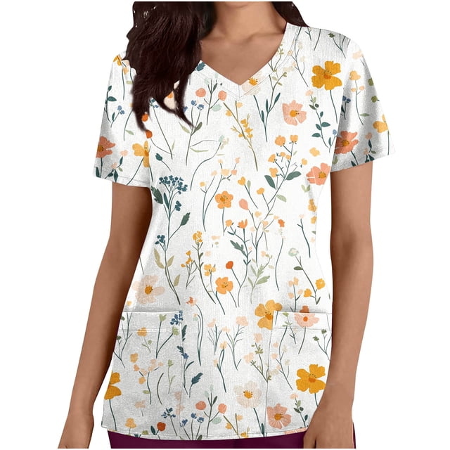 Pisexur Womens Scrub Tops Boasting Colorful Floral Prints Along With Short Sleeve Scrub Tops Suitable for Nursing Uniforms With Convenient Pockets