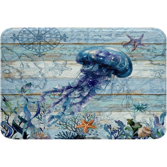 Feelyou Cute Jellyfish Bathroom Rugs 16"x24" Kids Ocean Creature Themed Bath Rugs for Shower Tub for Boys Girls Marine Animals Bath Mats for Bathroom Summer Blue Ocean Themed Bathroom Accossories