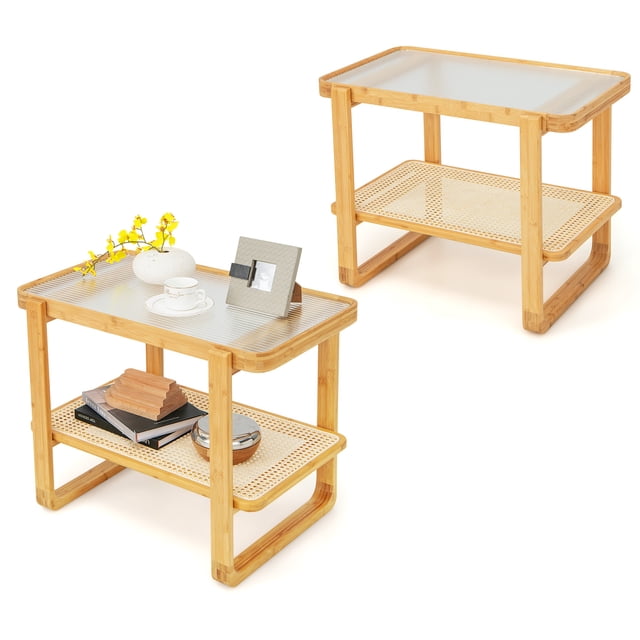 Patiojoy 2pcs 2-tier Bamboo Side Table w/ Glass Top End Table w/ PE Rattan Shelf Home Sofa Side Table w/ Storage Nightstand Bedside Table
