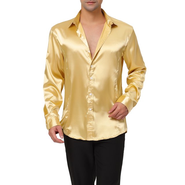 INSPIRE CHIC Men's Dress Satin V Neck Long Sleeves Button Down Party Shirts L Golden