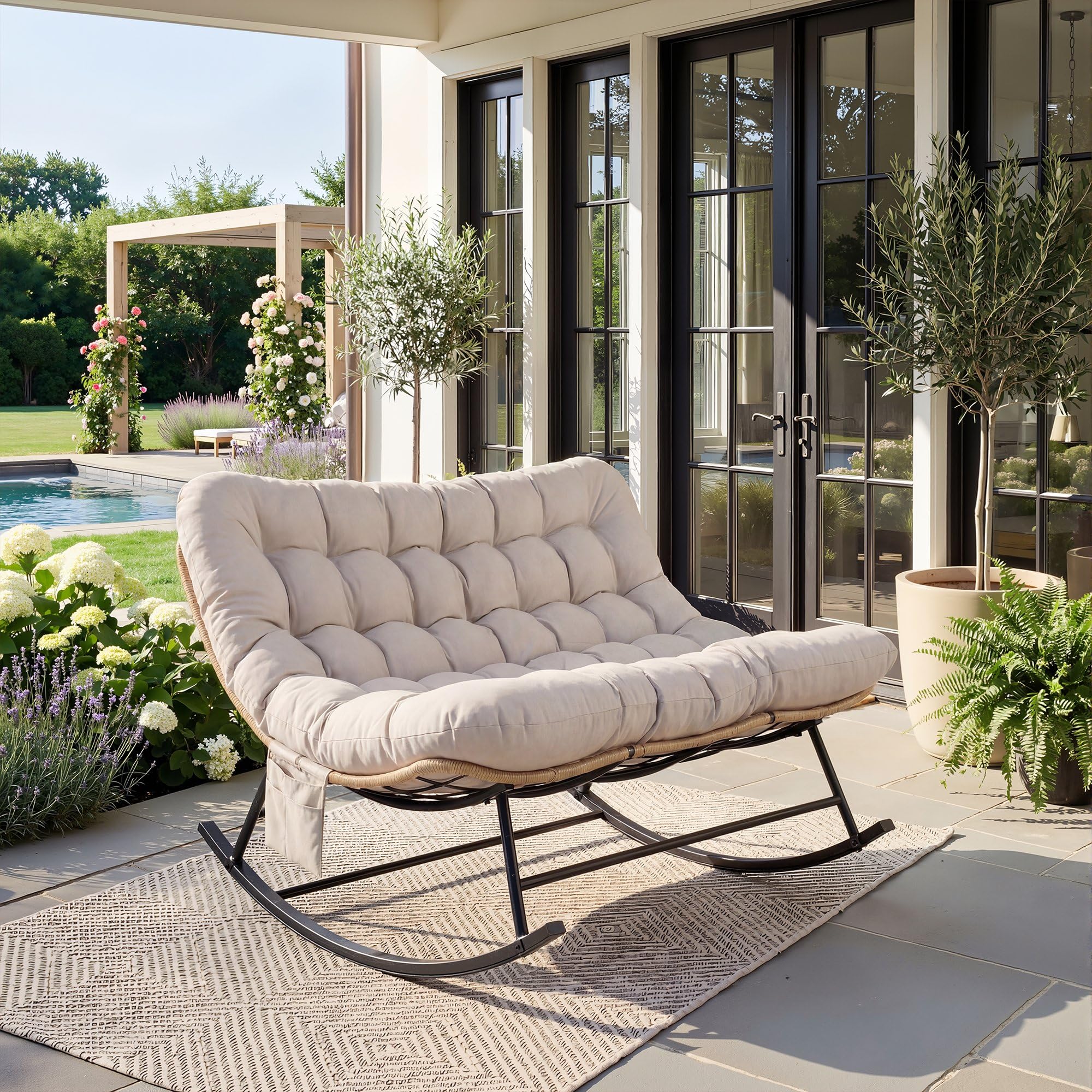 Indoor Outdoor Patio Rocking Glider Chair – 450 lbs Capacity – Weather-Resistant Rattan, UV-Proof Cushion & soft Toy Fleece Upholstery – Sturdy Rubber Wood & Reinforced Steel Frame