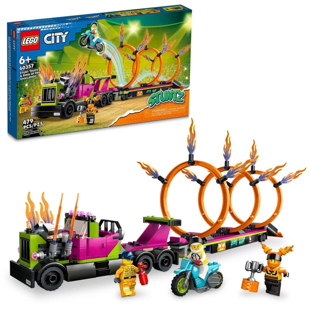 LEGO City Stuntz Stunt Truck & Ring of Fire Challenge 60357 features a multicolour truck with flaming vertical exhaust stacks and a flatbed trailer with three adjustable rings of fire, a flywheel-powered blue motorcycle, and three minifigures for stunt play, ideal for kids ages 6 plus.